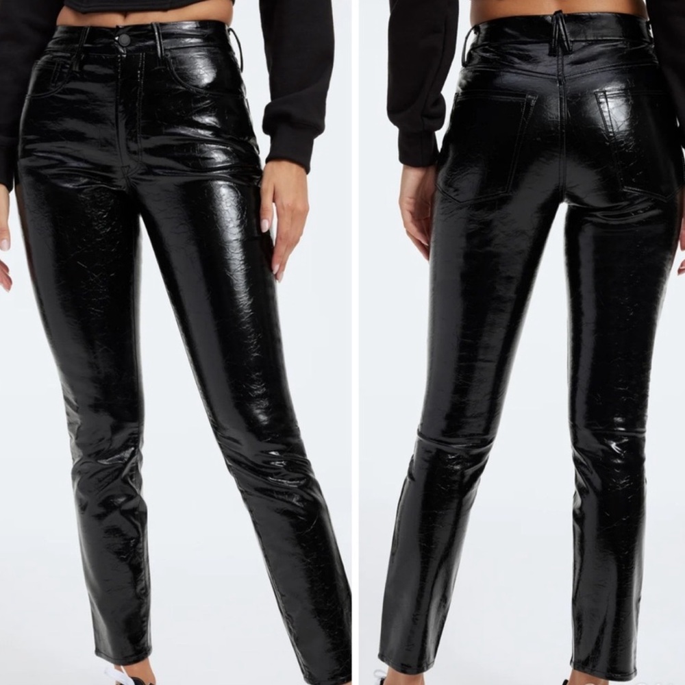 Good American Good Straight Leg Faux Leather Crinkle Pants Black Size 6/28